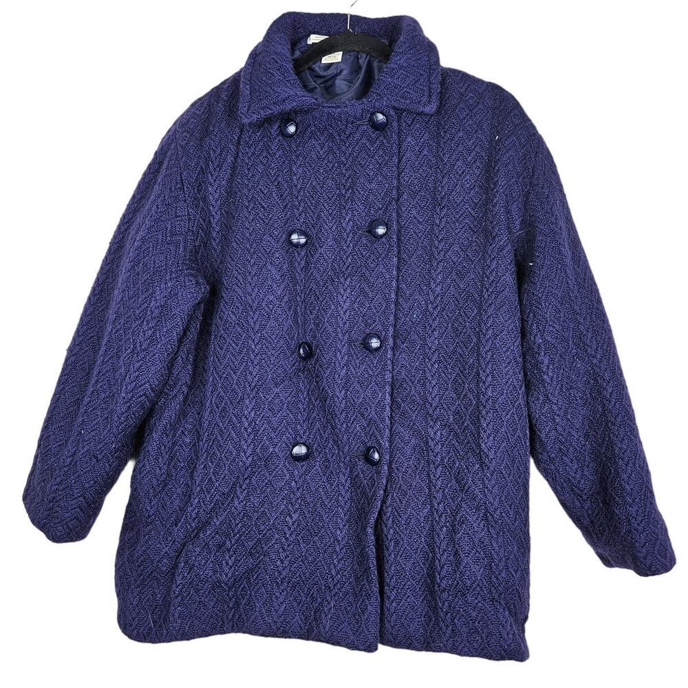 Boyne Valley Weavers L Navy Blue Wool Cable Knit Pea Coat Irish Classic